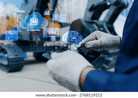 Technician using tablet with ai assistant control mining excavator for industrial open pit mine, concept technology monitoring of machine.