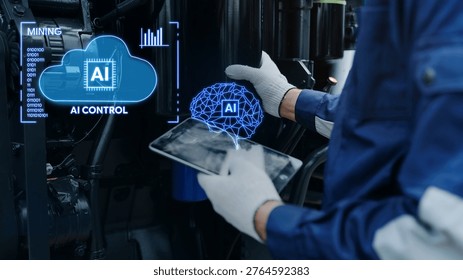 Technician using tablet with AI technology assistant with brain hologram and cloud control interface for mining diagnostics and remote monitoring.