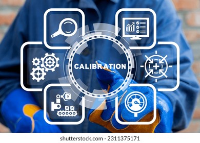 Technician using virtual touchscreen clicks text: CALIBRATION. Concept of activate calibration, intermediate check or calibration measurement. Industrial calibration operations.