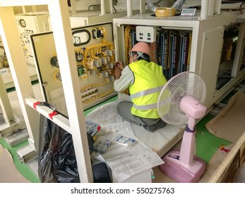 Technician Wiring Control Cable In Control Panel Of GIS (gas Insulated Switchgear)  115 KV  Which Install In The Room