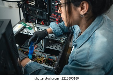 Technician Woman Fixing Hardware Of Desktop Computer. Close Up. Computer Repair Service Concept