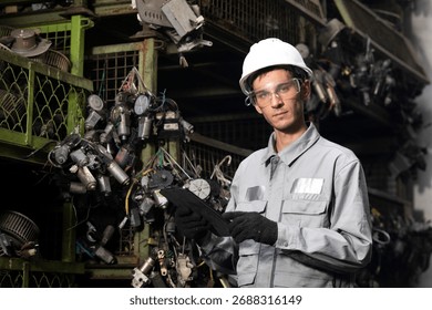 Technician worker checking inventory with tablet device in garage scrap yard car workshop warehouse.