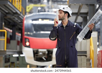 Technician or worker talking about work on walkie talkie and holding blueprint paper at construction train station