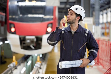 Technician or worker talking about work on walkie talkie and holding blueprint paper at construction train station
