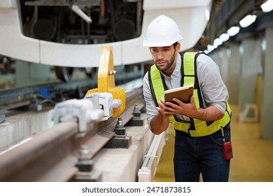 Technician or worker working on tablet and checking railroad track at construction train station - Powered by Shutterstock