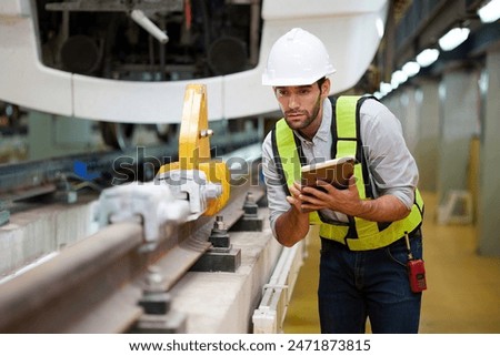 Technician or worker working on tablet and checking railroad track at construction train station