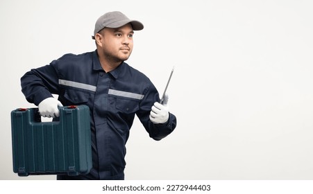 Technician workers in uniform maintenance service with equipment tools box. Profession of service industry house repair. Home services isolated background. - Shutterstock ID 2272944403