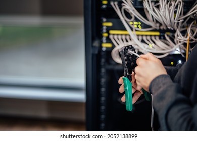 Technician working with ethernet connector and hand crimping tool. Managing gigbit ethernet. - Powered by Shutterstock