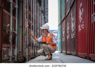 Technician working and inspecting cargo container in shipping yard,Container Shipping Logistics concept.
