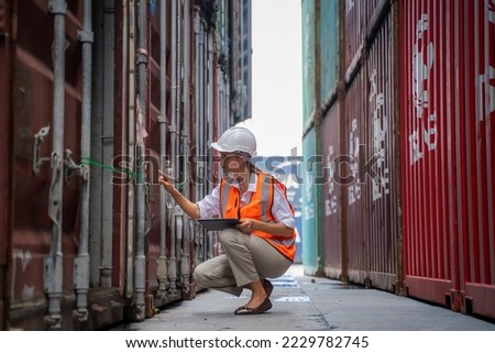 Technician working and inspecting cargo container in shipping yard,Container Shipping Logistics concept.