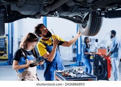 Technicians collaborating on servicing broken vehicle, checking for faulty wheels. Skillful repairmen in auto repair shop working together on fixing automobile, discussing best options - Powered by Shutterstock