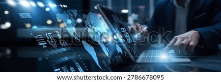 Technicians connected to the digital hosting access cloud infrastructure. Server deployment, data security, uptime reliability, and web management optimization.