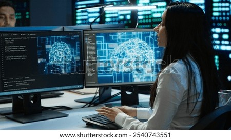 Technicians coworkers using AI tech on computer to do checkup in server room. Teamworking colleagues in data center using artificial intelligence technology to process datasets for training, camera A