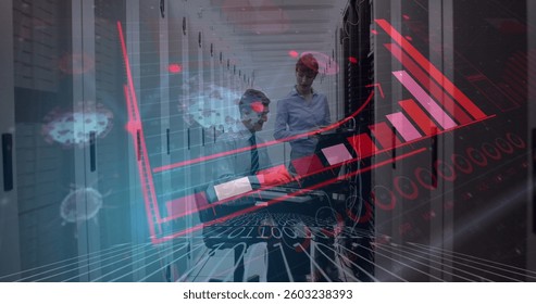 Technicians in server room analyzing data with digital graphs overlay. Technology, analysis, servers, network, communication, digital transformation
