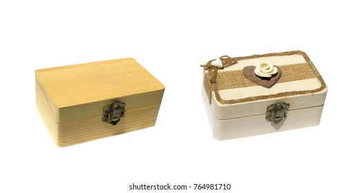 Technique of bicarbonate modeling paste - baking soda decor in shabby chic style. Hobby. Handmade. Wooden box (box, container, case) "after-before" isolated - Shutterstock ID 764981710