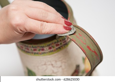 Technique Decoupage. The Decor Of The Watering Can. We Glue A Paper Napkin With A Pattern. Craquelure - The Effect Of The Painted Paint ..