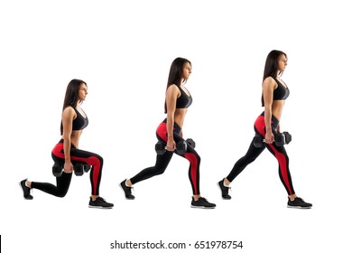 Technique exercises for the buttocks with dumbbells in hands on a white isolated background, sports woman, right side