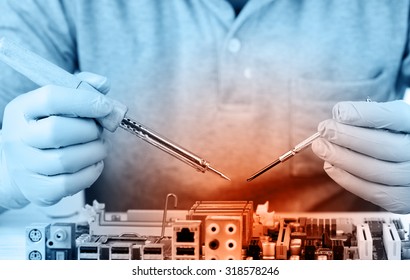 Technological Background With Closeup On Tester Checking Motherboard. Electronics Repair Service, Hands Of Female Tech Fixes An Electronic Circuit,computer Technology Concept