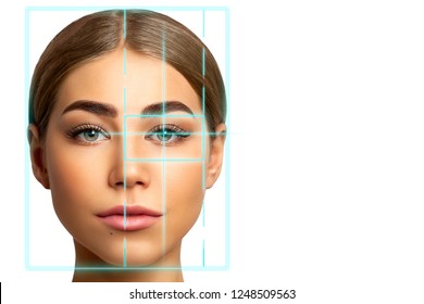Technological facial recognition system concept scanning of face of beautiful woman - Shutterstock ID 1248509563