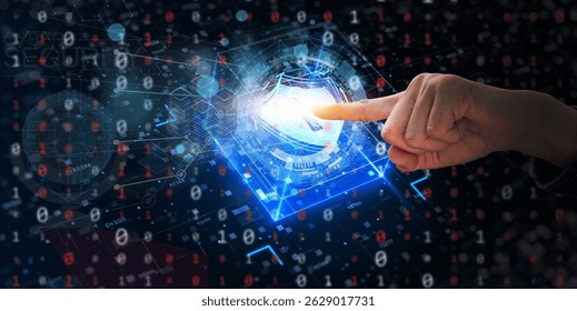 A technological interface comes alive with the touch of a finger, the digit activating a dynamic digital world. Illuminating ideas of innovation and transformation.