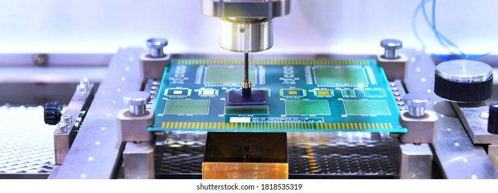 Technological process of soldering and assembly chip components on pcb board. Automated soldering machine inside at industrial, banner side - Shutterstock ID 1818535319