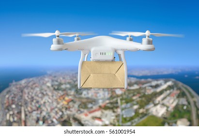 Technological Shipment Innovation - Drone Fast Delivery Concept, Multicopter Flying With Cardboard Box Above City 