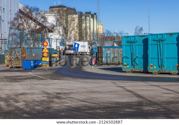 Technological view of waste recycling station\
in city. Europe. Sweden. Enkoping.\
02.20.2022.