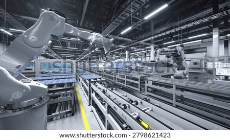 Technologically advanced robot arm in cutting edge solar panel factory maneuvering photovoltaic modules, PV cells produced in green energy based facility with assembly lines.