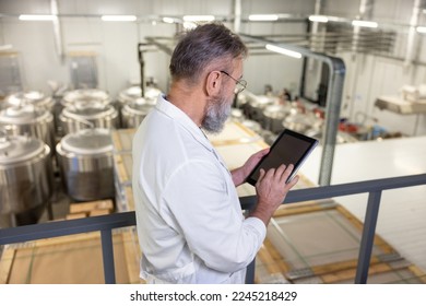 Technologist using a digital device in a factory