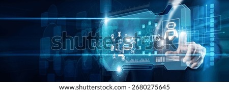 A technologist's hand touching robotics automation data intelligence mobility, AI sensors industry applications scalability innovation design efficiency productivity transformation future growth.