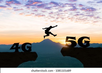 Technology 4G to 5G Men jump over silhouette