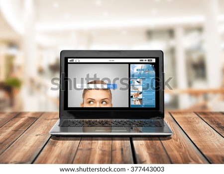 technology and advertisement concept - laptop computer with empty internet browser search bar on screen