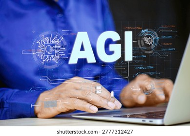 Technology Artificial General Intelligence ,AGI concept.businessman virtual featuring above laptop with futuristic digital interface. Symbol of advanced AI, machine learning, data  innovation.