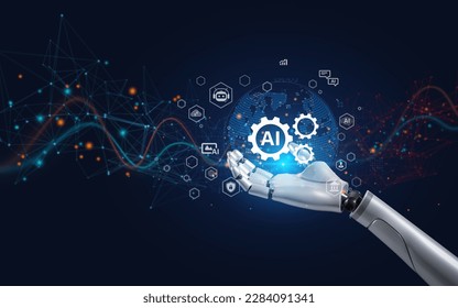 Technology artificial intelligence or AI for working tools. Chatbot Chat AI to generate innovative futuristic and global connections for providing access to information and data online network,