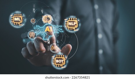 Technology Artificial Intelligence chat bot concept.Business man touch screen with AI concept with Natural Language Processing and machine learning algorithm.Futuristic image technology