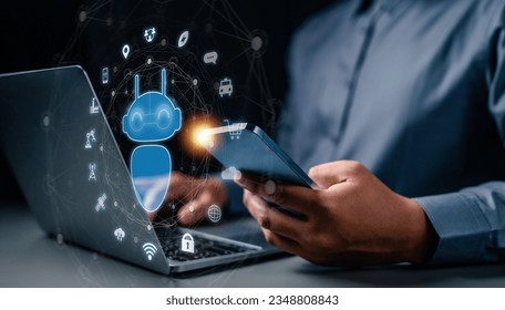 technology, artificial intelligence, robot, ai, futuristic, innovation, training, digital, business, communication. check at smartphone view alert from artificial intelligence notification with tech.
