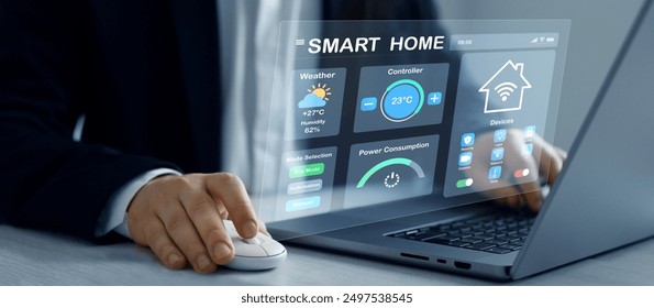 Technology assistant for smart devices,intelligent house or smart home technology.Business person using digital dashboard of smart home app for control home appliances.  - Powered by Shutterstock