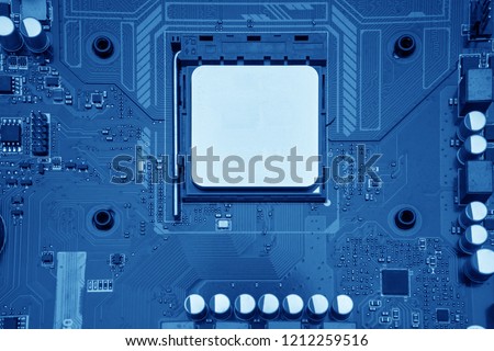 Technology background with computer server semiconductor processors CPU concept blue circuit board texture