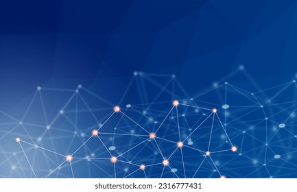 Technology background concept, Abstract connected line dots network on bright polygon blue blurred background.