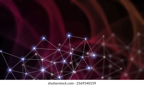Technology background concept, Abstract connected line dots network on bright polygon Blue, Purple blurred background.