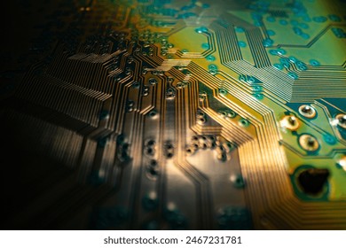 Technology background. High tech electronic circuit board background. Close-up macro electronic circuit board, technology chips to the motherboard. Electronic technology digital chip. Tech background.