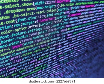 Technology background. Information line flow. Hacker api text on the computer screen. Developer working on websites codes in office. Source code photo. Vivid colors. Freeware open source project