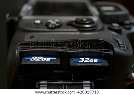 Technology background. Two SD memory flash card in DSLR camera.