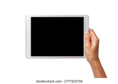 Technology Business Concoept: One Hand Hold A Mockup White Tablet On White Background With Clipping Path.