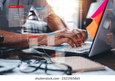 technology, business, database, diagram, chart, plan, development, management, process. touch at touchpad for check database diagram and flow chart to development. database should be data dictionary.