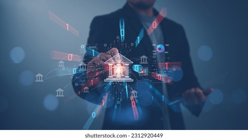 Technology and business finance concept, Businessman touching icon online banking and icon network connection, online payments, shopping and digital technology on virtual screen, global business
