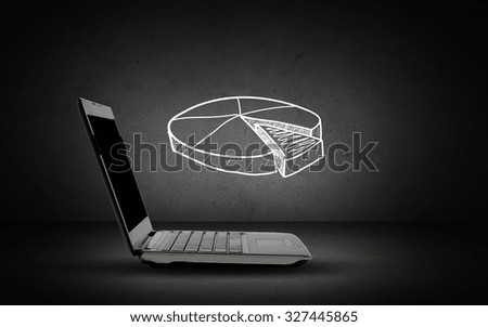 technology, business and statistics concept - open laptop computer with pie chart doodle over dark gray background