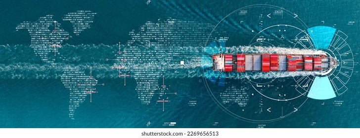 Technology Cargo Container Ship Futuristic Global Logistics international delivery concept, World map logistic and supply chain network distribution container export import to customs technology.