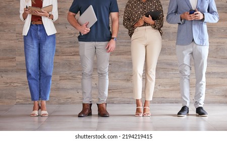 Technology, Communication And Network Of Business People In Diversity Using Multimedia Tech, Waiting For An Interview. Professional Group Standing In A Row, Browsing Social Media With Online Apps.