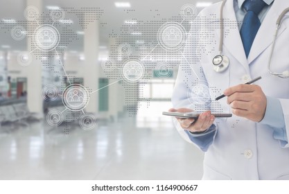 Technology Communication Social Network Concept. Doctor Using A Mobile Phone Contact With Patient And Group Doctors.